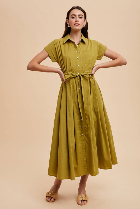 BUTTON DOWN SHIRT MAXI DRESS: OLIVE PALM / ILD6353