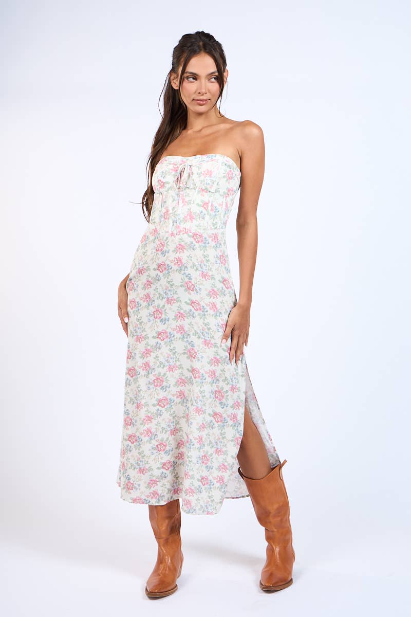 FLORAL STRAPLESS WAIST CUT OUT CORSET LONG DRESS: B/R Combo Floral / SM-D20430K
