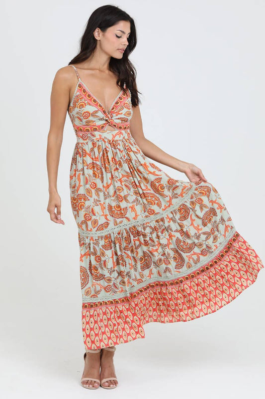 F4F48-A889 V NECK TWIST FRONT CUT OUT TIERED MAXI DRESS