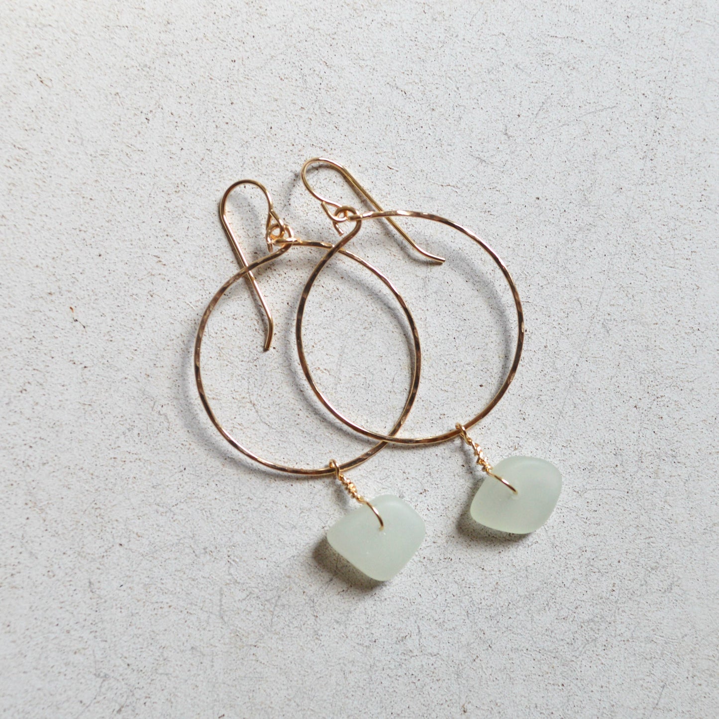 Opaque Sea Foam Glass Hoops: Gold Filled