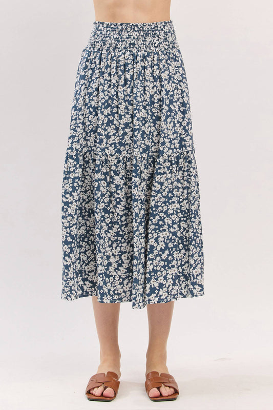 Print Tiered Midi Skirt - VS3533A: Ink Blue