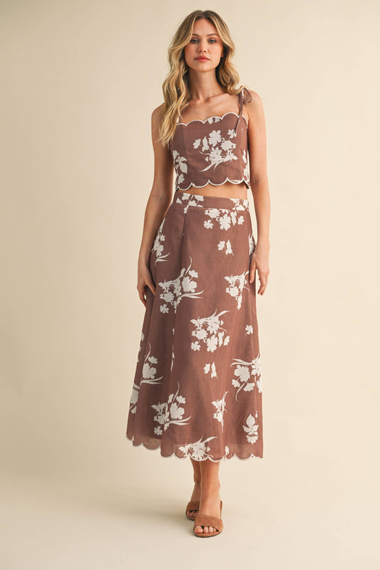 Top onlyyy💖 IST5941 FLORAL SCALLOPED CROP TOP AND MIDI SKIRT SET: IVORY/SAGE