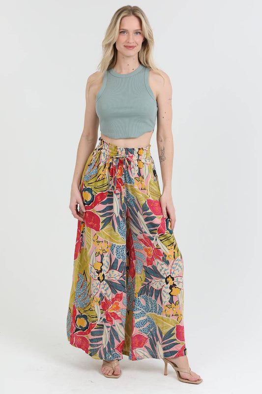 25T20-A865 TROPICAL PRINT WIDE LEG SMOCKED WAIST PANTS