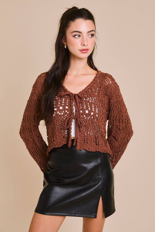Front Tie Crochet Effect Sweater Top: Brown / SWJ2251