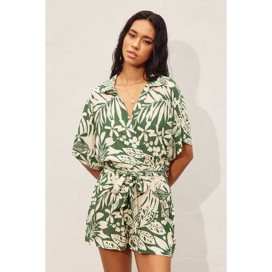 Sweet Summer Collared Romper: IBIZA PALM / FR12592-P1460