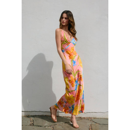 Blushing Blossom Chevron Seam Cross Back Maxi Dress: HONEYSUCKLE / FD12791-P2097_2