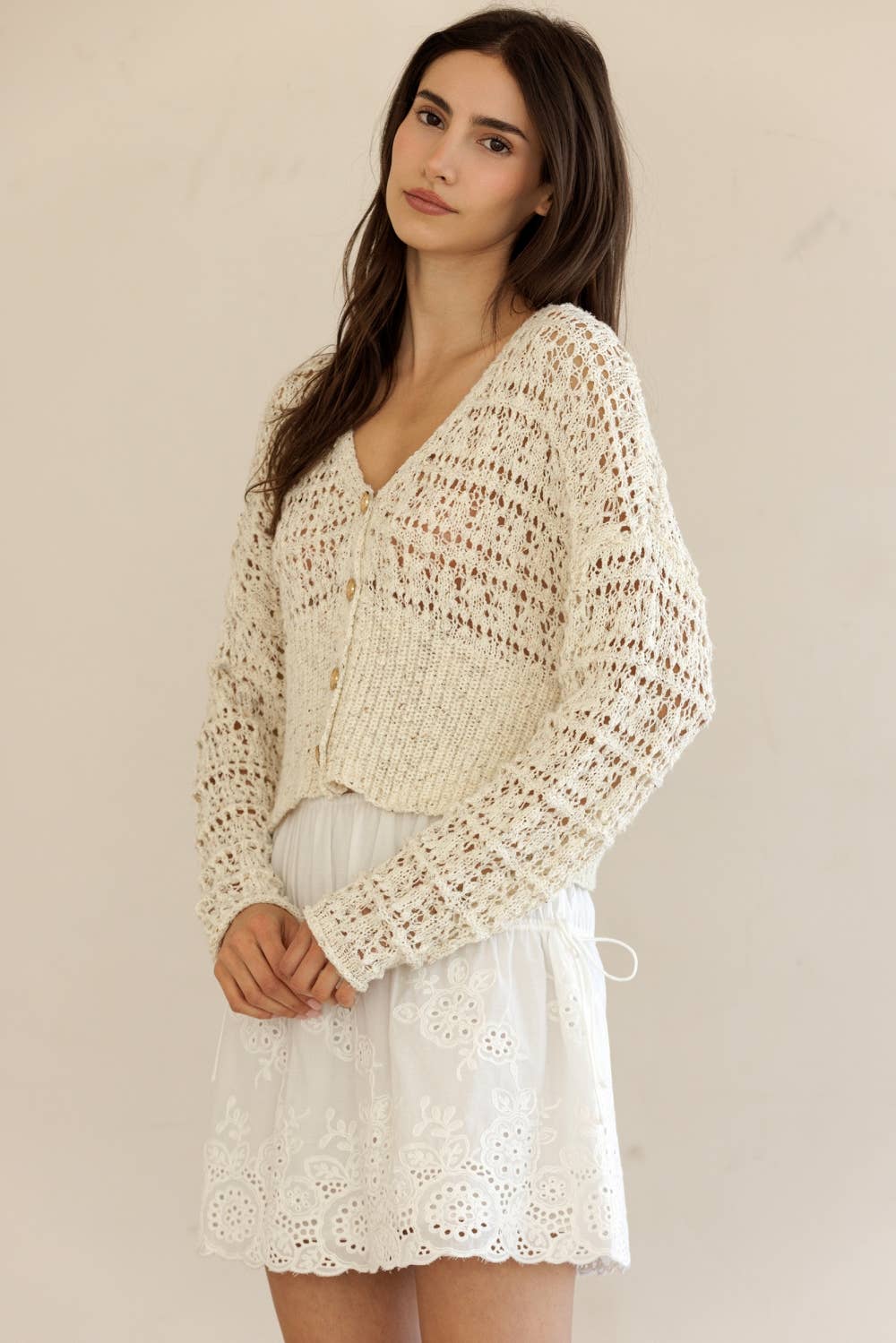 LT2402-CHIC CROCHET CARDIGAN: SAND