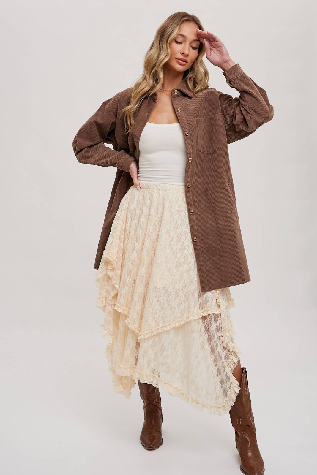 LACE TIER MIDI SKIRT: ECRU / B01619