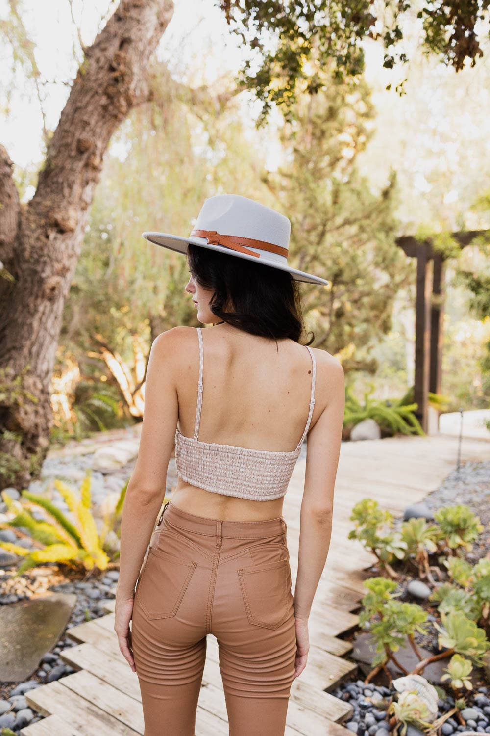 Gingham Daisy Trim Smocked Bralette 🫶🏻: Beige