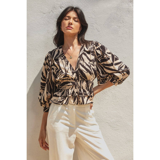 Hi Hello Cinched Waist Flared Hem Top: SHIFTING SAND / FT12174-P1858