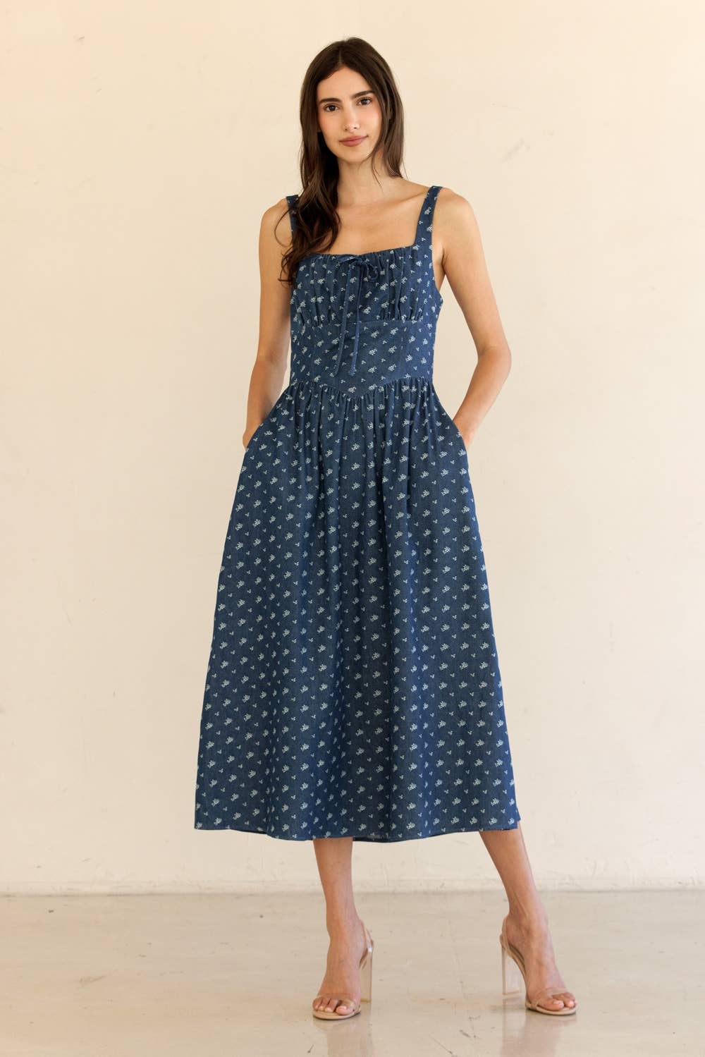 JD7676-DENIM FLORAL CORSET MIDI DRESS: DENIMFLORAL