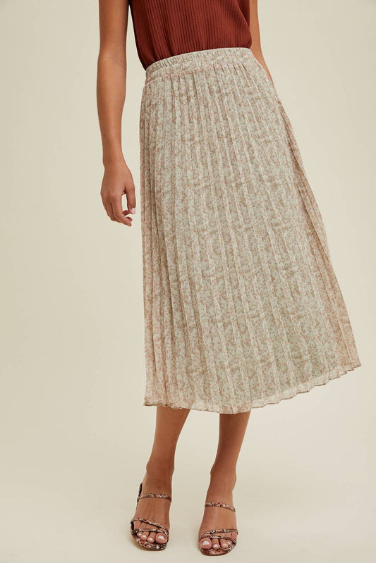 FLORAL PLEATED MIDI SKIRT / WL24-8878: MINT