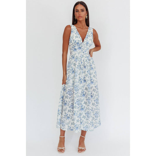 FLORAL PRINT MAXI DRESS: BLUE / ST5199D-1