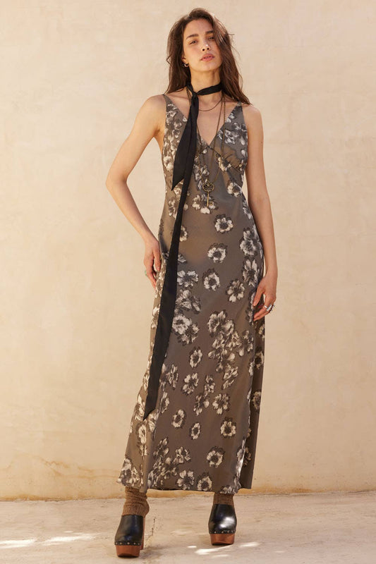 Floral-Print Bias-Cut Satin Column Maxi Dress: STONE / UDC0623