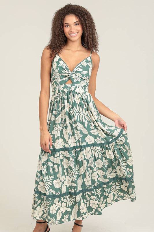 F4F48-A920 SPAGHETTI STRAP DEEP VNECK MAXI DRESS WITH CUTOUT
