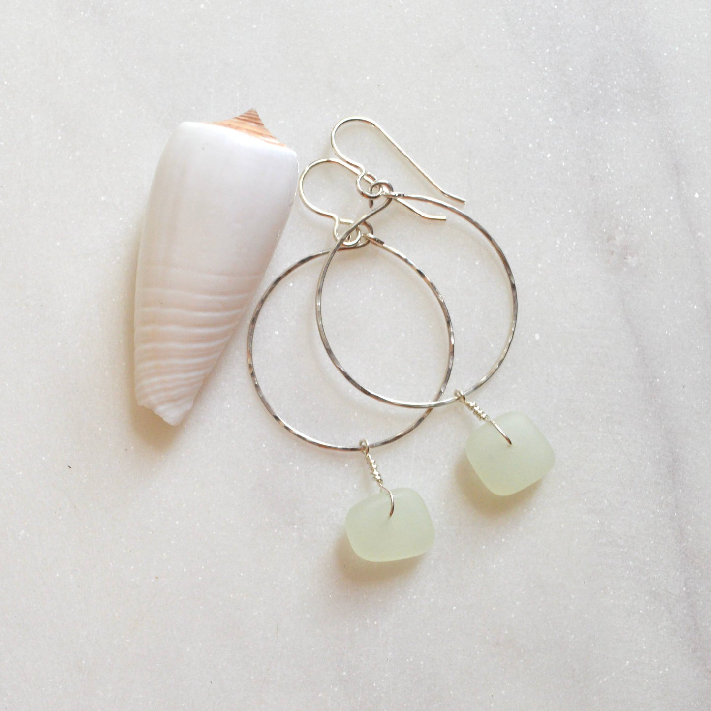 Opaque Sea Foam Glass Hoops: Gold Filled