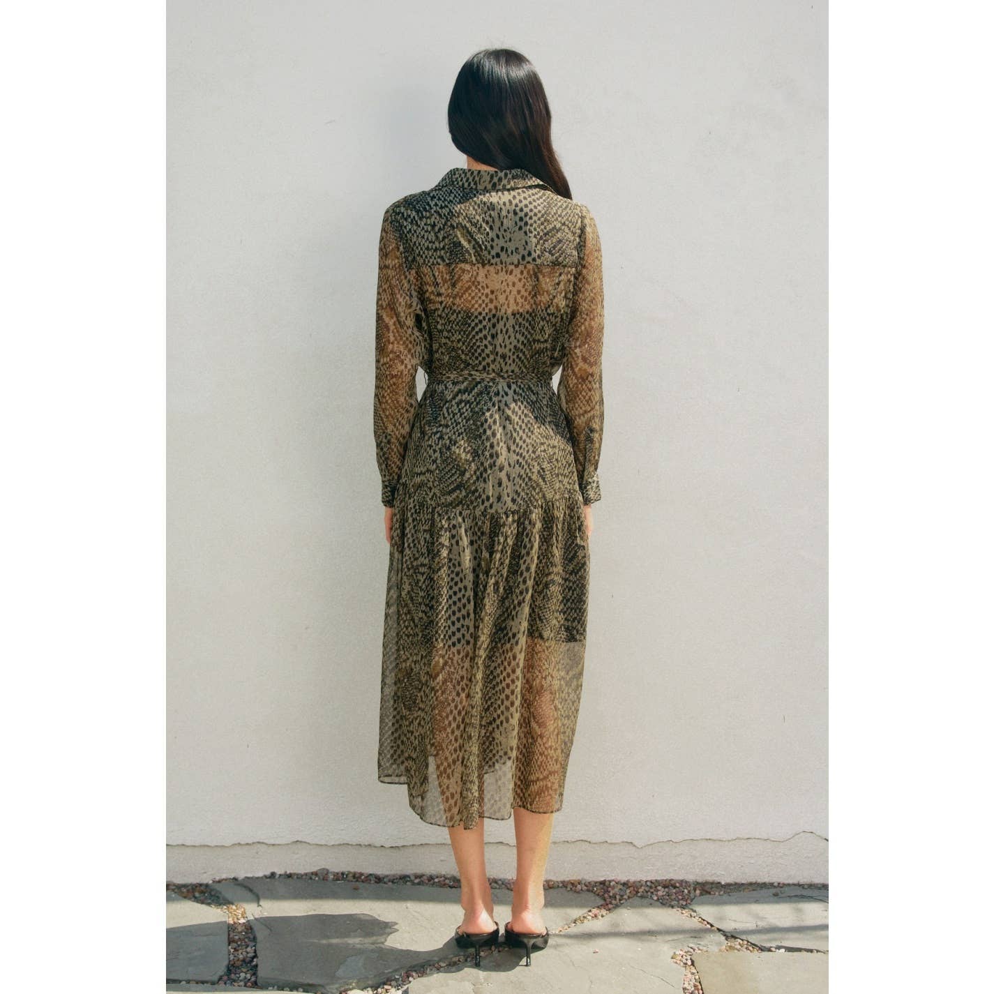 Snake Cave Collared Belt Midi Dress: OLIVE BLACK / FD12895-CP566_1