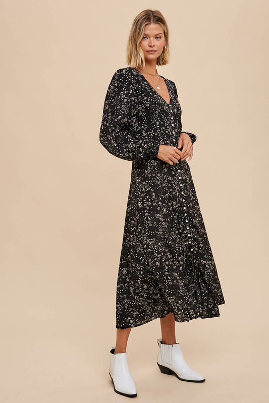(Copy) VISCOSE FLORAL BUTTON DRESS: BLACK FLORAL / ILD5115-B