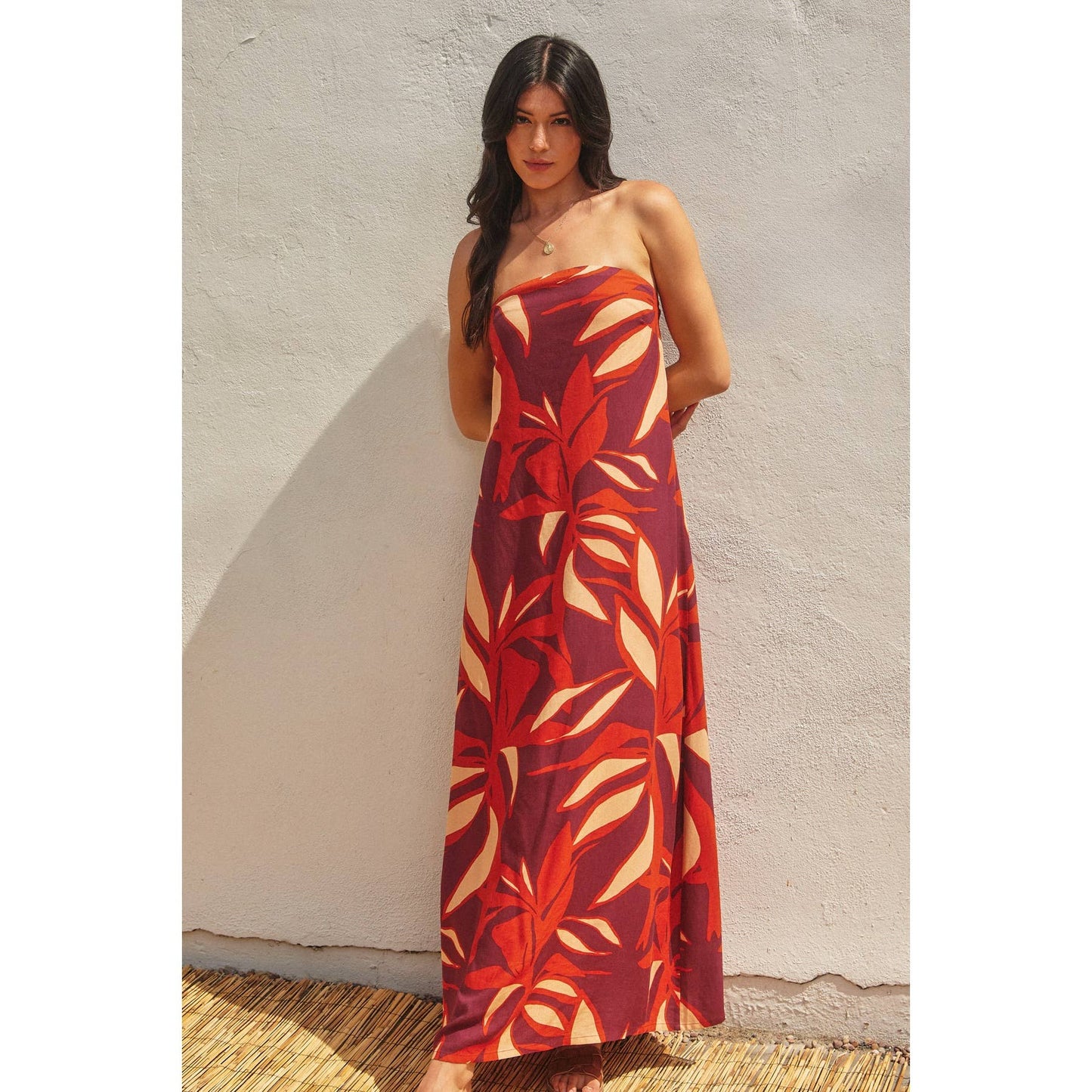 Keep In Touch Strapless Drape Back Maxi Dress: ZINFANDEL / S-M-L(2-2-2)