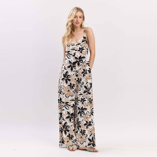 V-Neck Shoulder Strap Tie Back Jumpsuit - VJ3915: Blue/ Taupe