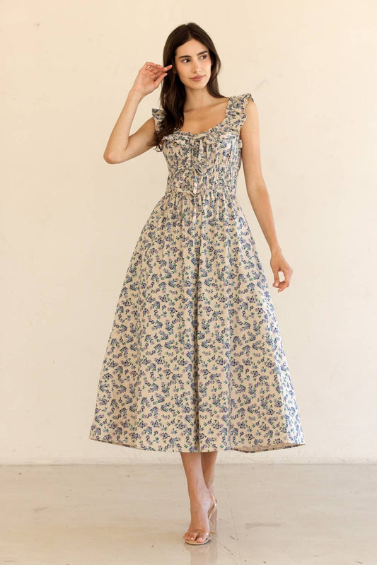 JD9158-RUFFLED SHOULDER MIDI DRESS: BEIGE