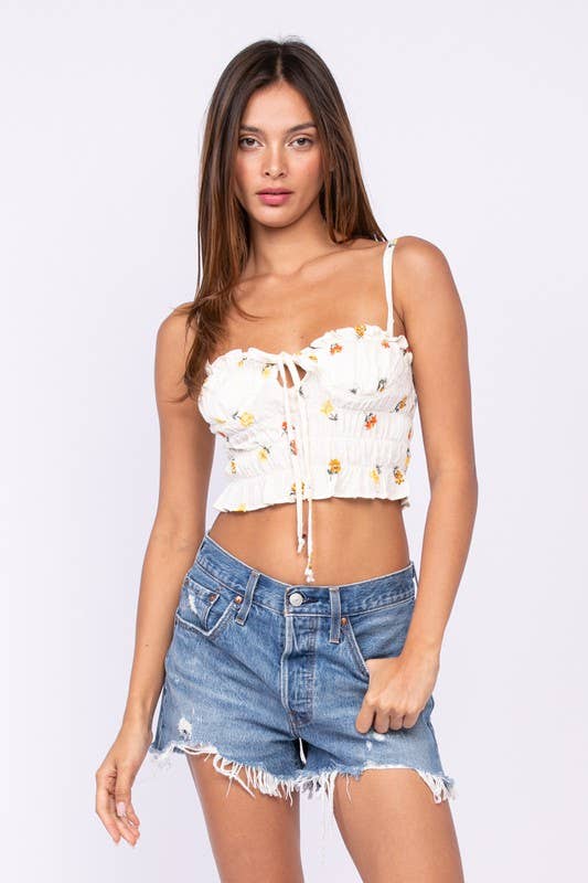 FLORAL SLEEVELESS CORSET STYLE RUFFLE CROP TOP: Joy / SM-T10177B