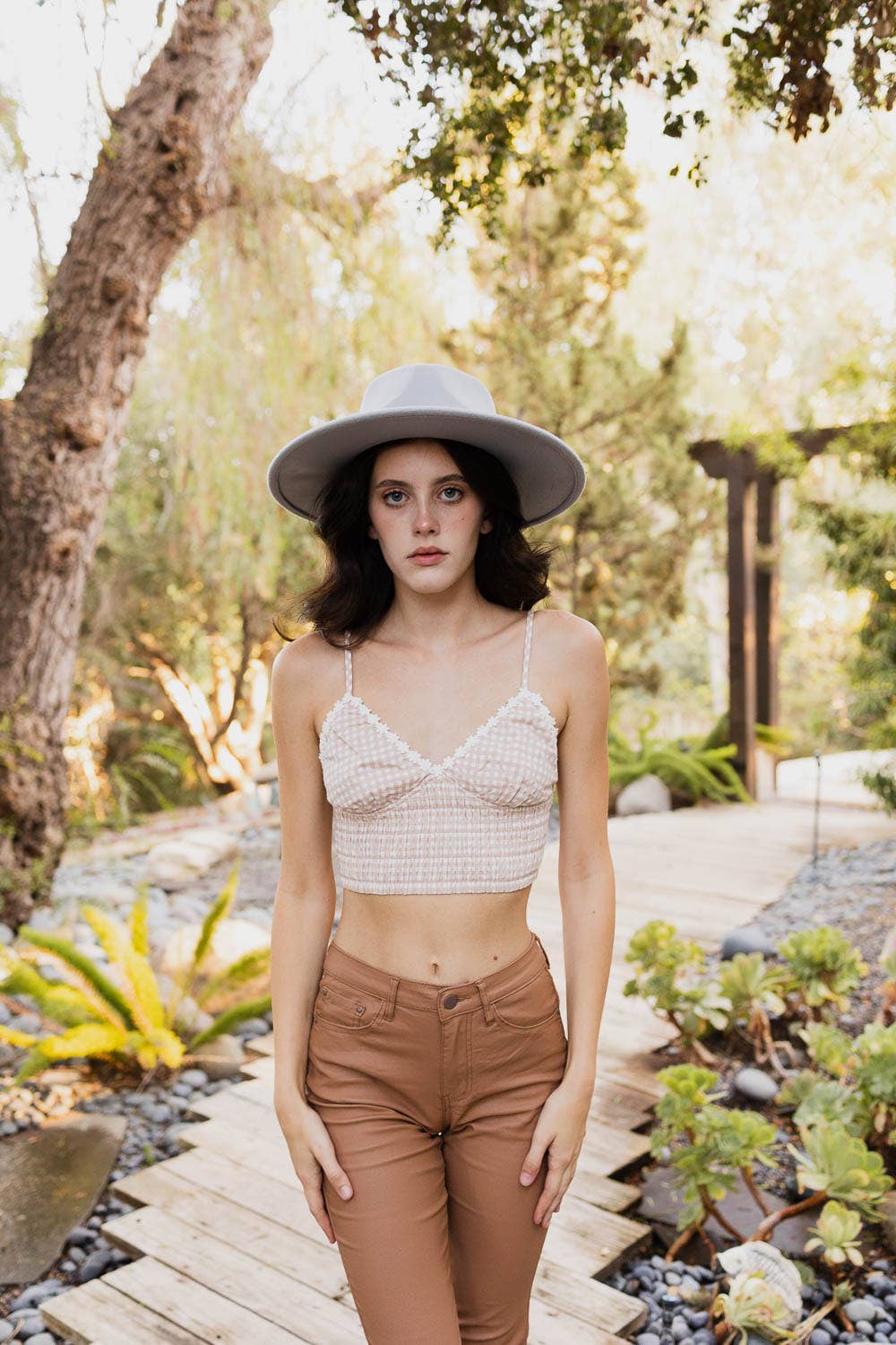 Gingham Daisy Trim Smocked Bralette 🫶🏻: Beige