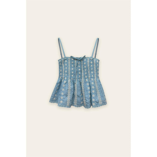 Butter Cookie Eyelet Peplum Top: LIGHT BLUE / FT12646-CP495