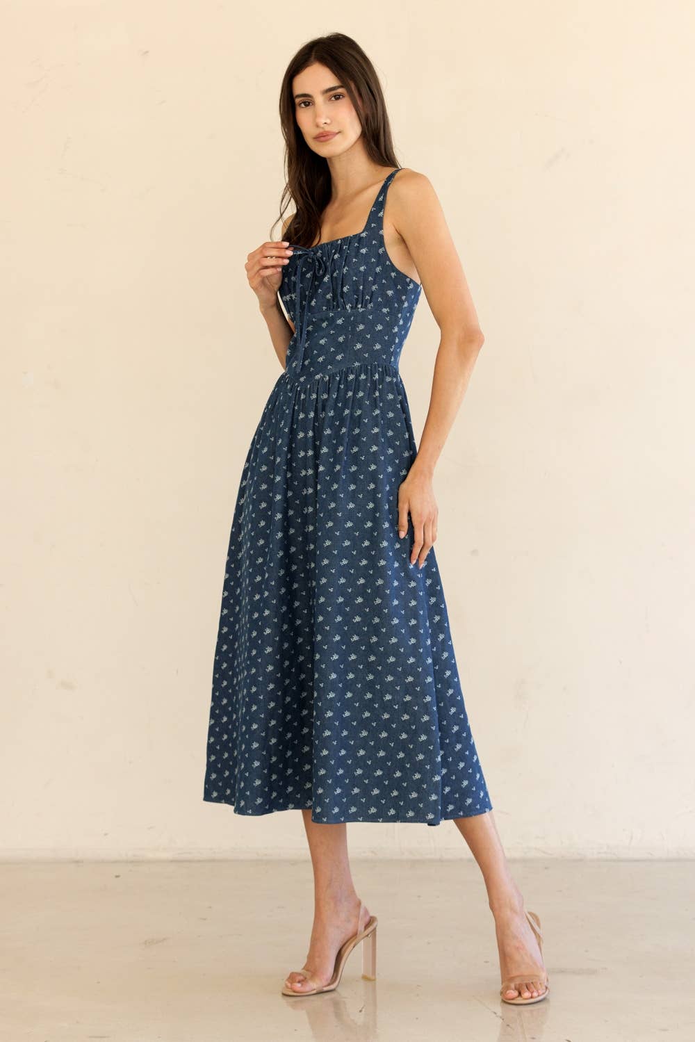JD7676-DENIM FLORAL CORSET MIDI DRESS: DENIMFLORAL