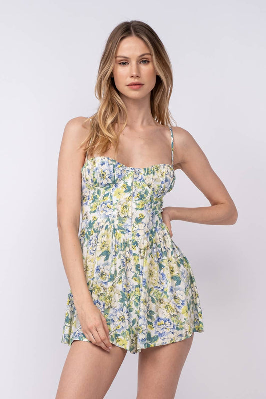 FLORAL SLEEVELESS CORSET SHAPE MINI ROMPER: Fancy Daily Blue / SM-D20361A