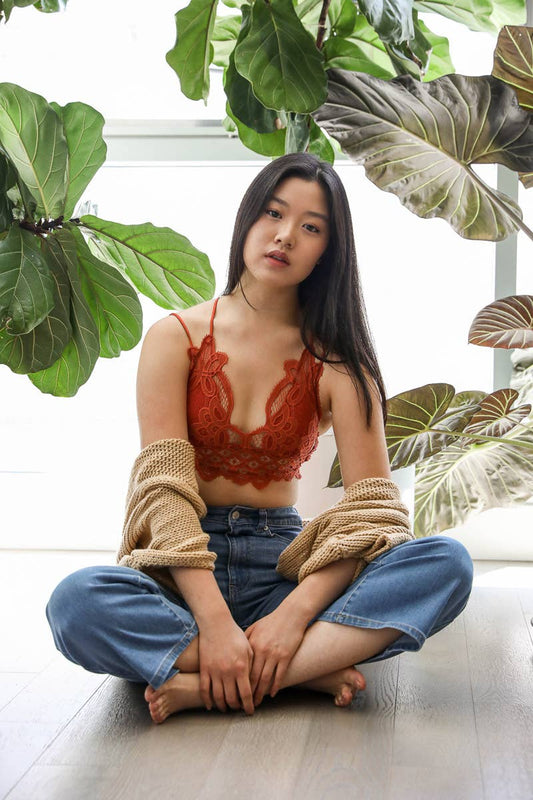 Padded Crochet Lace Longline Bralette - YL-5448WB-RUST