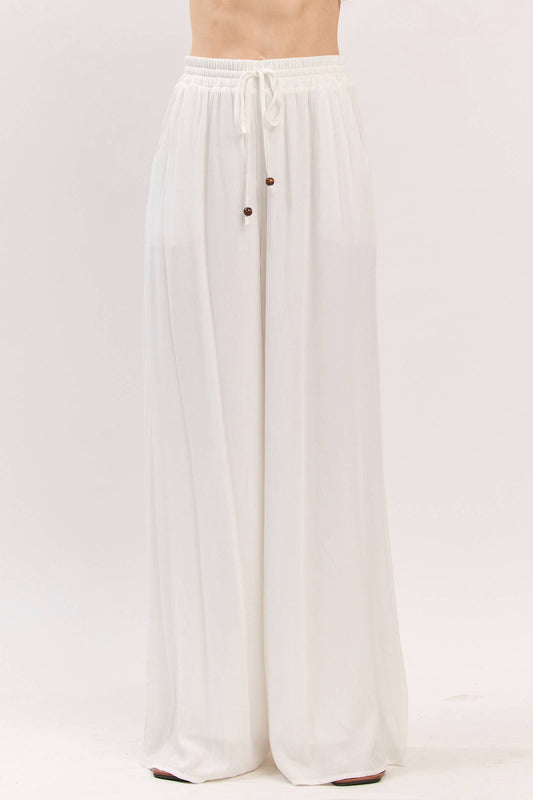 Solid Elastic Waistband Wide Leg Pants - VP3973: Ivory