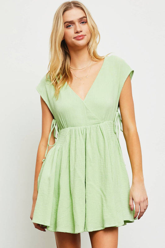 S22546 STRIPE TIE DETAIL DRESS: ALOE VERA