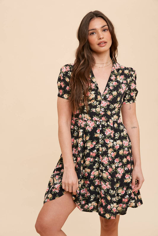 COLLARED BUTTON DOWN FLORAL MINI DRESS: CREME FLORAL / ILD4960-1