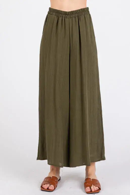 Woven Wide Leg Pull on Pants - NP16207F9: Olive