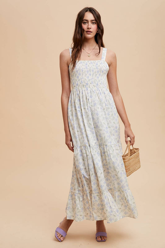 SMOCKED COTTON FLORAL MAXI DRESS: FRENCH BLUE / ILD6312-A