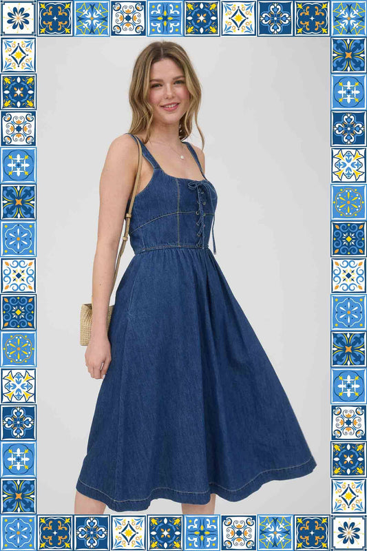LACE UP SLEEVELESS DENIM MIDI DRESS : B5SD1017