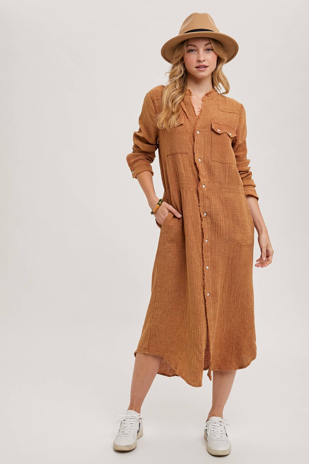 WASHED DENIM MIDI BUTTON DOWN SHIRT DRESS: ASH / D01666