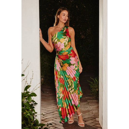 Moonstruck Asymmetrical Pleated Maxi Dress: IBIZA GARDEN / FD10589-P1312