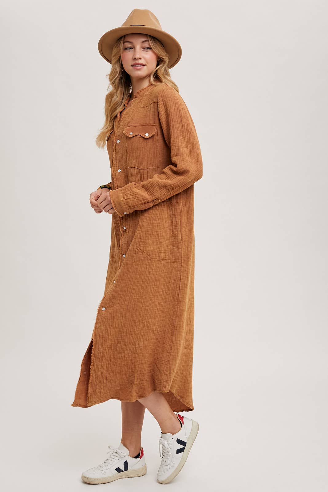 WASHED DENIM MIDI BUTTON DOWN SHIRT DRESS: ASH / D01666