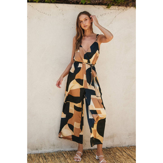 FJS11604-P1715 First Class Cord Strap Surplice Jumpsuit: MIDNIGHT TAUPE