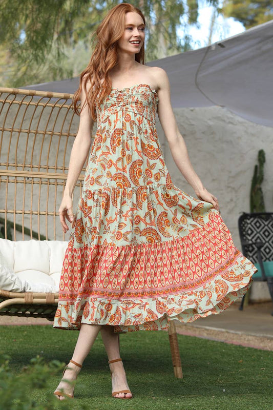 C4A90-A889 SMOCKED BUST STRAPLESS TIERED MAXI DRESS