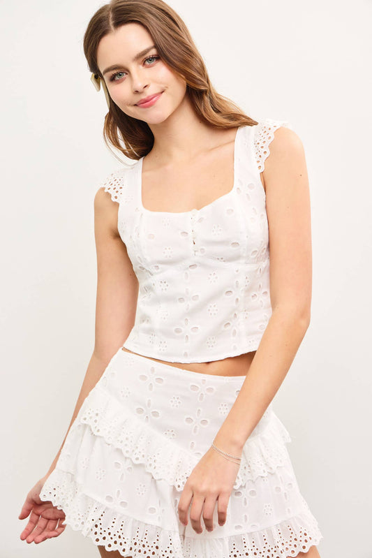 TIED BACK EYELET LACE CAP SLEEVE TOP: White / S24508