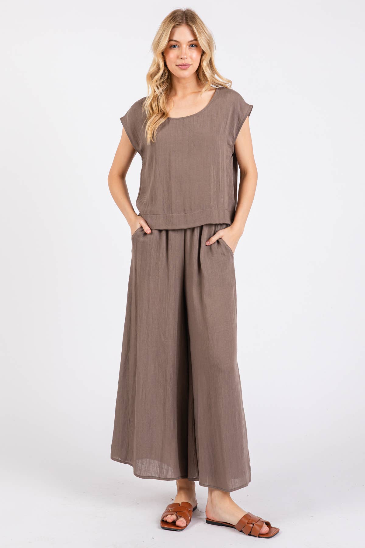 Woven Wide Leg Pull on Pants - NP16207F9: Olive