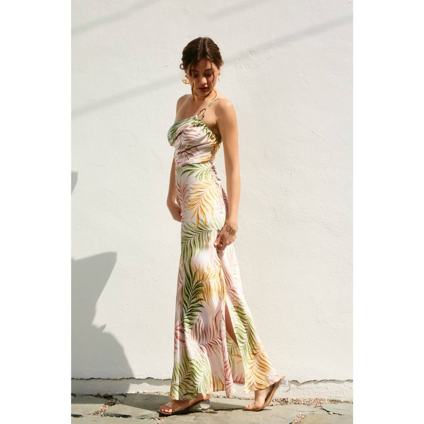 Sunkiss One Shoulder Golden Trim Maxi Dress: DESERT PALM / FD12795-P2056_2