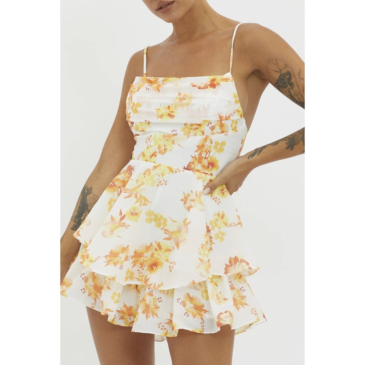 FLORAL PRINT COWL NECK TIERED SKIRT MINI DRESS: BLUE / 27595DM63-3