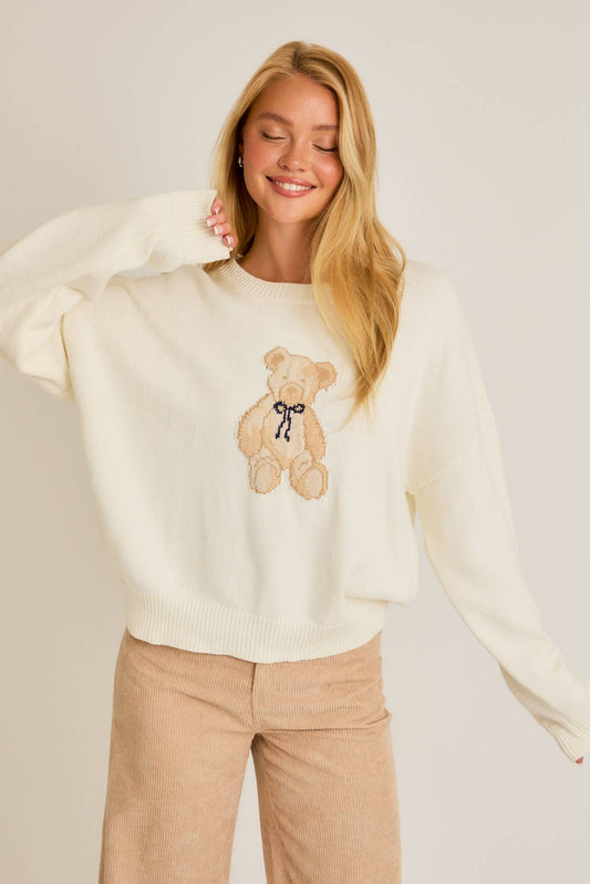 LONG SLEEVE CREW NECK TEDDY BEAR GRAPHIC SWEATER: White / IWT5160