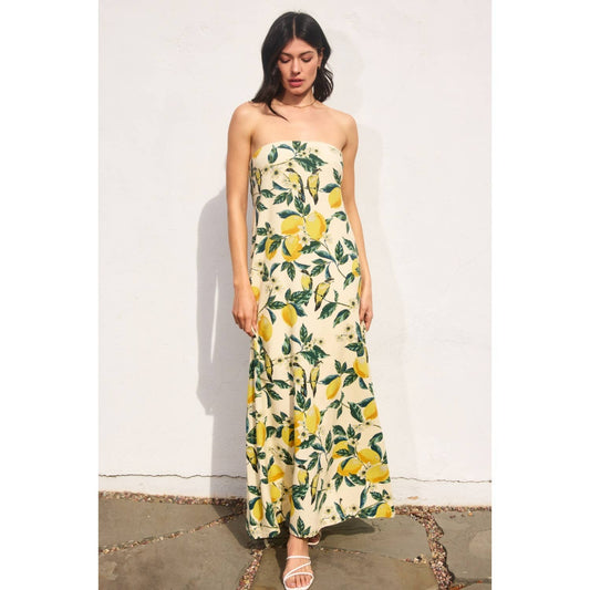 Vintage Lemonade Strapless Tie Back Maxi Dress: LEMON GARDEN / FD11869-P1919B