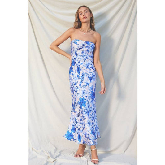 FD11771-P1614 Luminous Strapless Bias Cut Maxi Dress: BLUE IVY