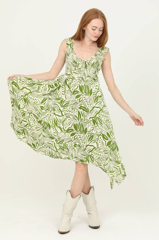 F4K73-FQ81 V NECK HANKY HEM OPEN TIE BACK MID LENGTH DRESS